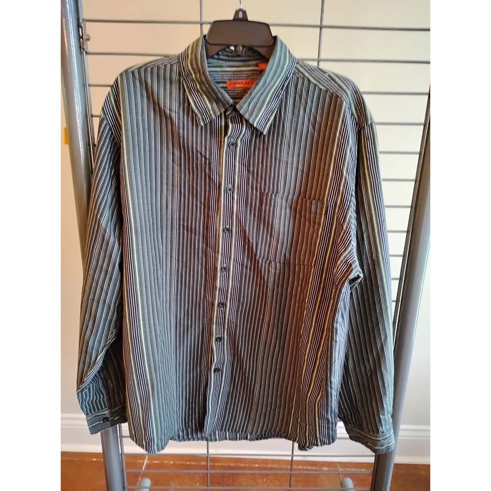 Point Zero Orange Label Mens Large Striped Button Down Shirt Brown Green Long Sl